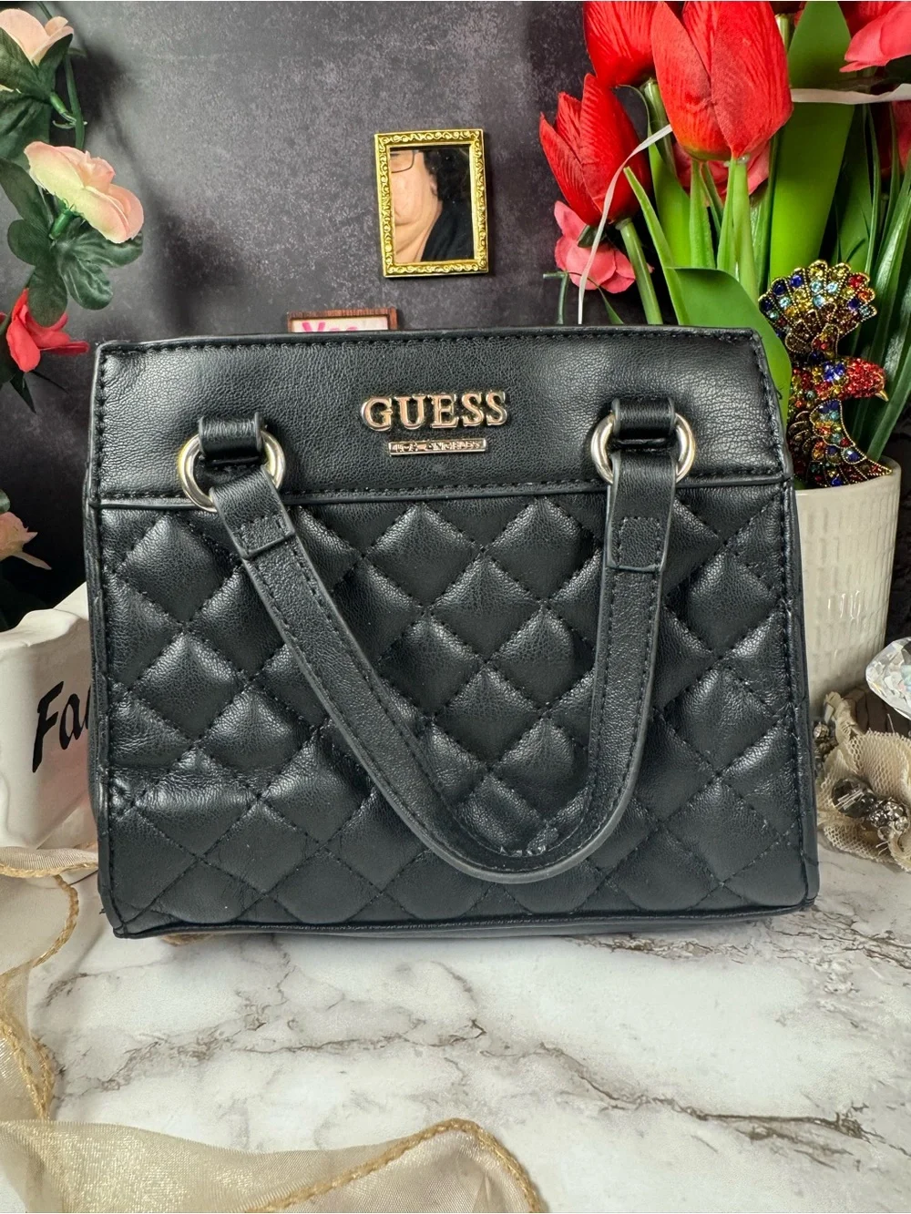 GUESS Small Black Quilted Satchel with Gold Hardware